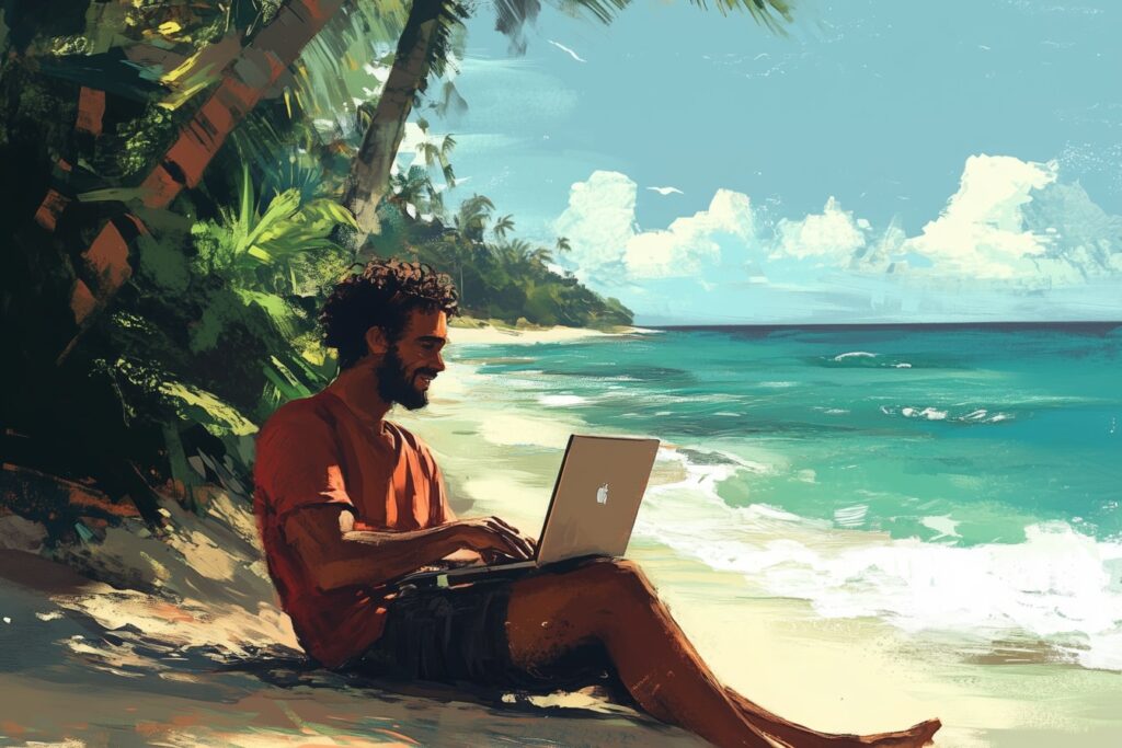 Eine entspannte Person mit Laptop am Strand, die ihr Einkommen von unterwegs verwaltet.