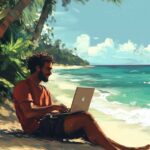 Eine entspannte Person mit Laptop am Strand, die ihr Einkommen von unterwegs verwaltet.